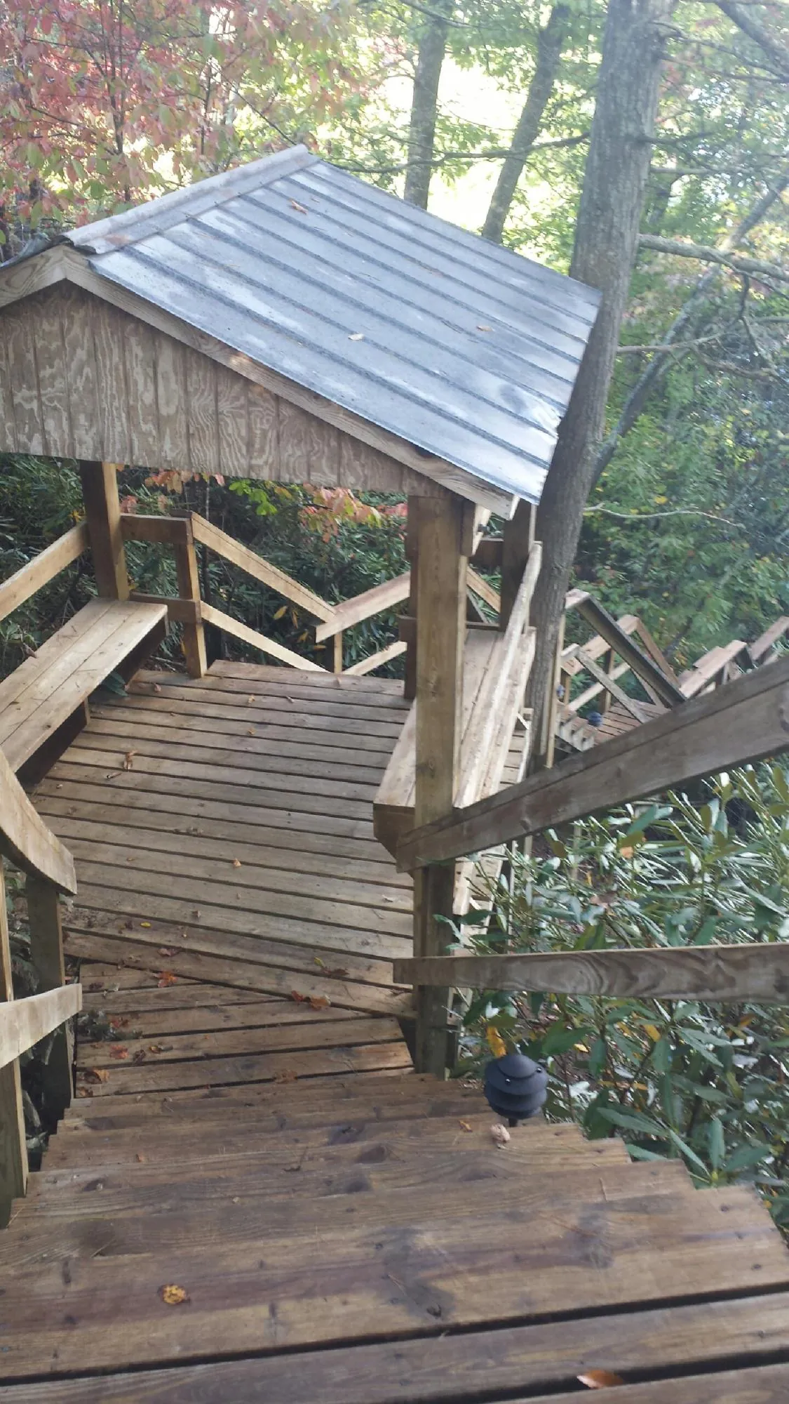 Metal roofed shelter over wooden steps on a wooded walkway — Skylight Repair & Installation work by our crew in Peterboro